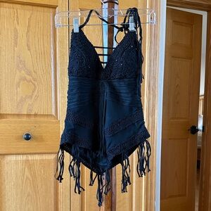 Cache Black Crochet Fringe Halter Bodysuit